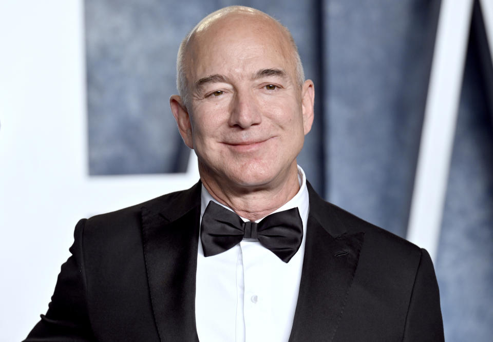 File - Amazon founder Jeff Bezos arrives at the Vanity Fair Oscar Party on March 12, 2023, in Beverly Hills, Calif. Amazon releases results on Thursday, Feb. 1, 2024. (Photo by Evan Agostini/Invision/AP, File)