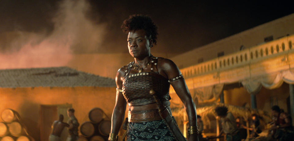 En esta imagen proporcionada por Sony Pictures Viola Davis en "The Woman King." (Sony Pictures via AP)