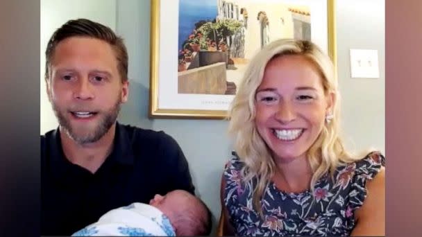 PHOTO: Christine and Patrick Balster, who welcomed their second child, Koller William Balster, on Aug. 4., are interviews by Will Ganss of ABC News. (ABC News)