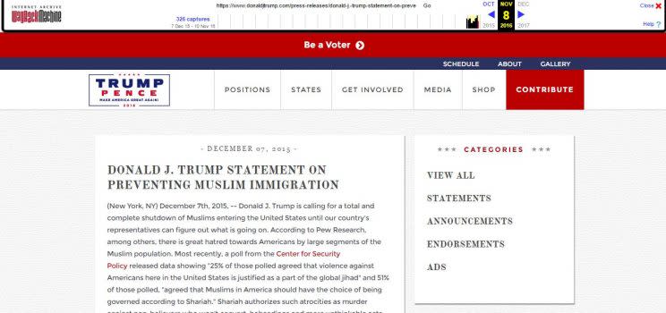 The 'Muslim Ban' pledge, as recorded by the Wayback Archive machine