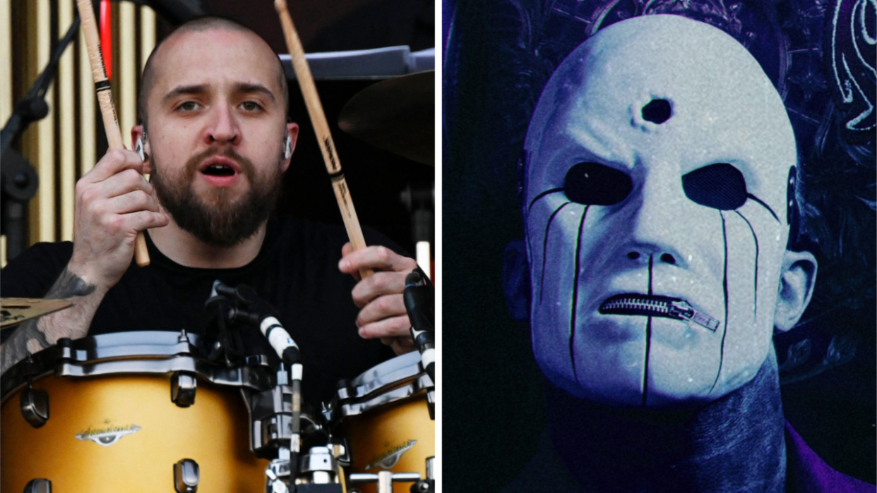  Eloy Casagrande onstage in 2022, next to a photo of him in his Slipknot mask. 