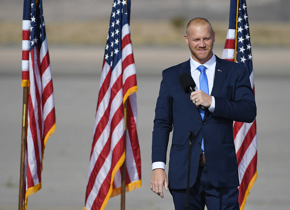 Daniel Rodimer speaks during a rally for U.S. Vice President Mike Pence at the Boulder City Airport on October 8, 2020, in Boulder City, Nevada. (Ethan Miller/Getty Images)