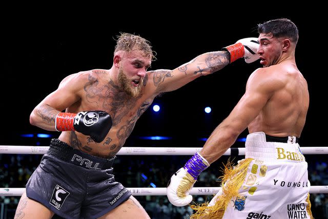 <p>Francois Nel/Getty</p> Jake Paul (left) competes in the Cruiserweight Title fight in February.