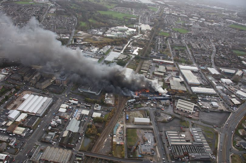 Aerial photo of the burning tyres in Bradford -Credit:National Rail Air Opertions