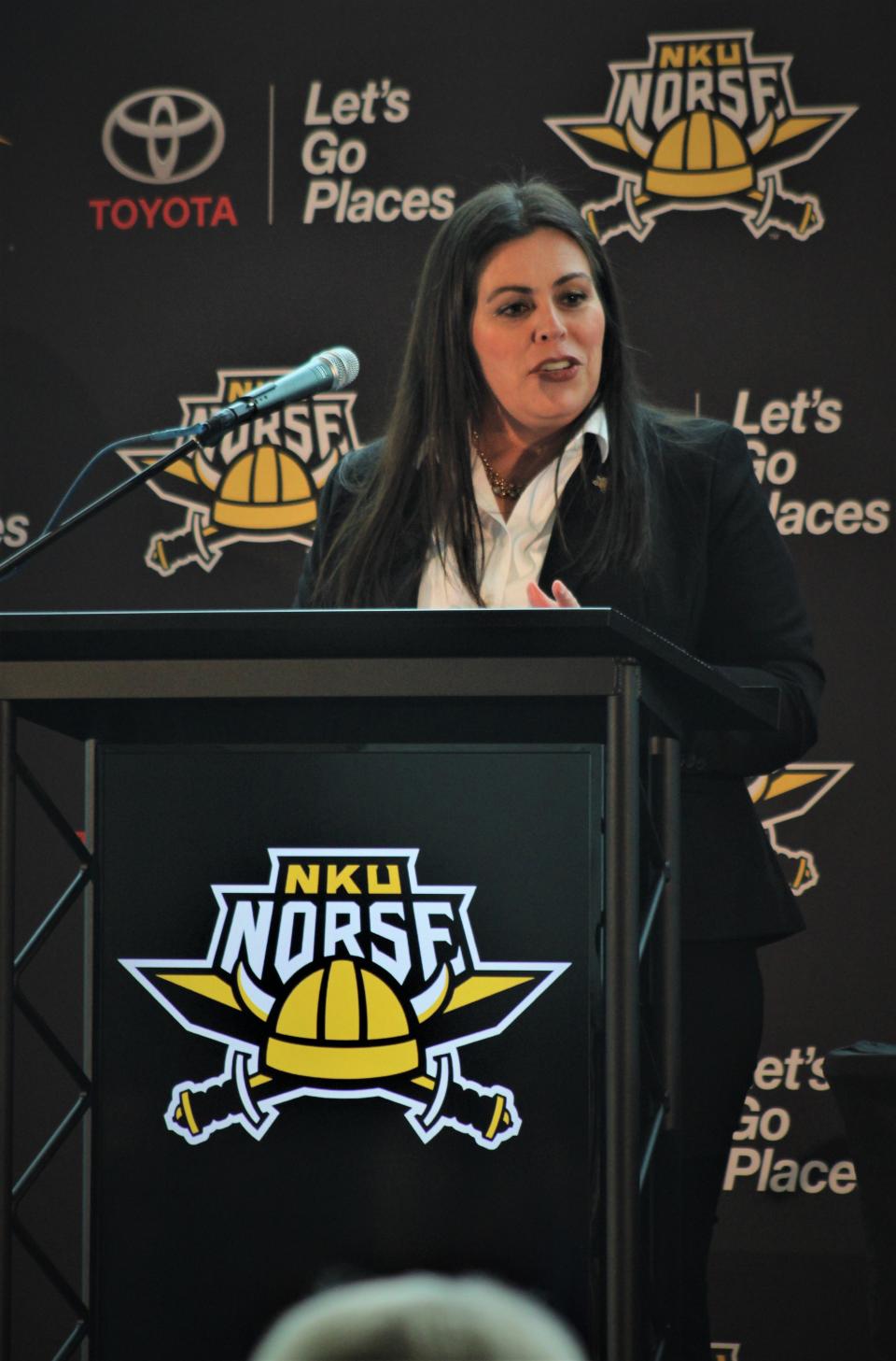 New Northern Kentucky University vice president and athletic director Christina Roybal speaks at NKU's Truist Arena May 5, 2022. She will take over July 1.