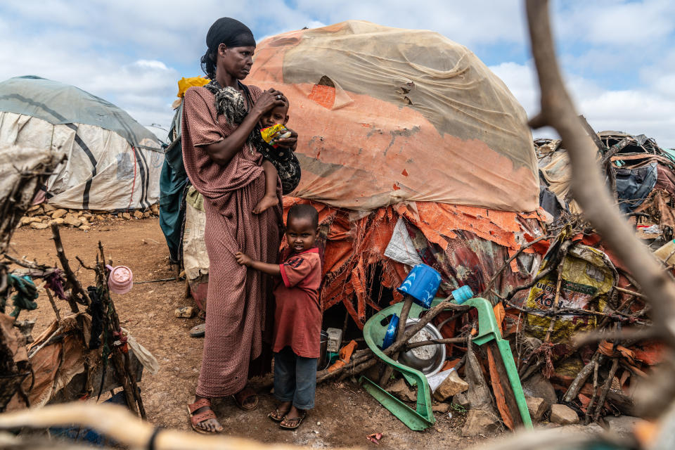 A displaced family in Baidoa. According to the UNHCR, over 450,000 internally displaced Somalis live in and around the once-sleepy rural town. Baidoa also lies in one of the country's most volatile regions, with al-Shabab militants roaming much of the surrounding area outside the town. (Giles Clarke)