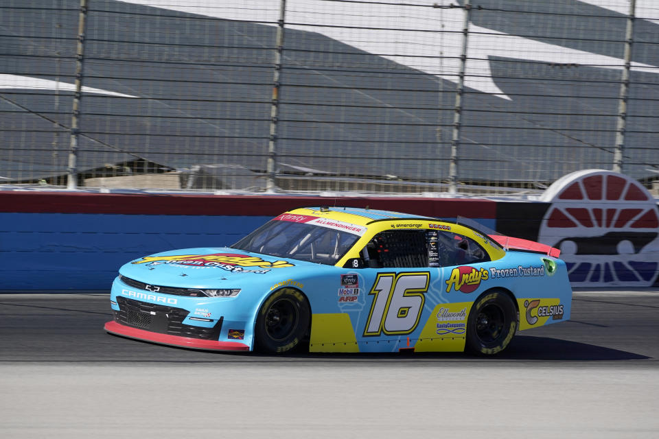 AJ Allmendinger (16) drives during a NASCAR Xfinity Series auto race at Texas Motor Speedway Saturday, Oct. 16, 2021, in Fort Worth, Texas. (AP Photo/Larry Papke)