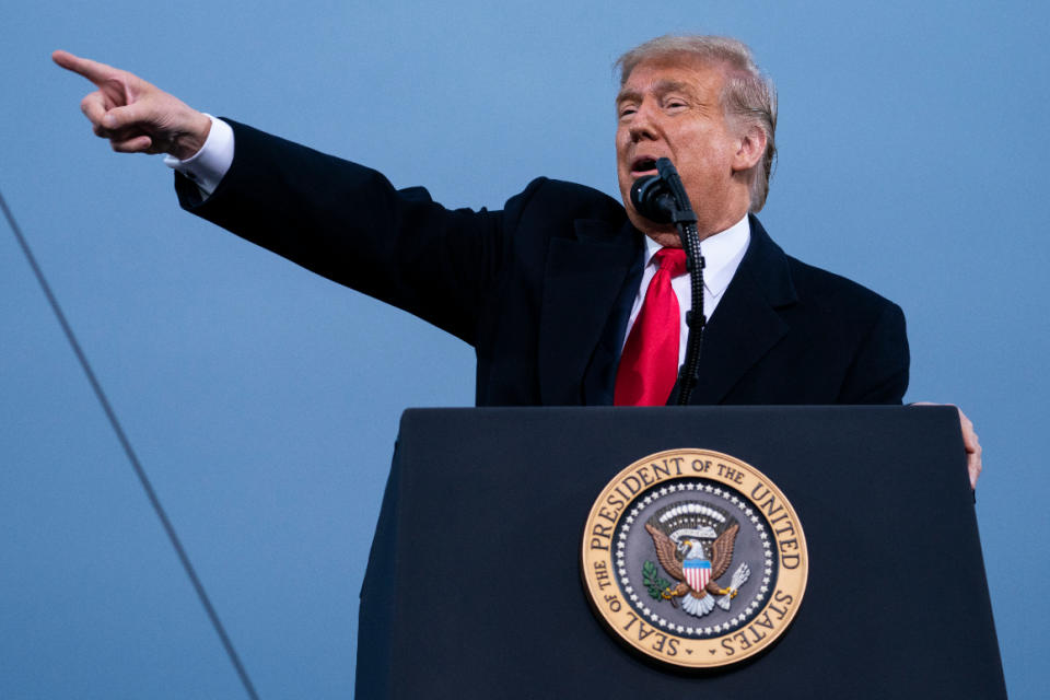 President Donald Trump speaks during a campaign rally at Fayetteville Regional Airport. 