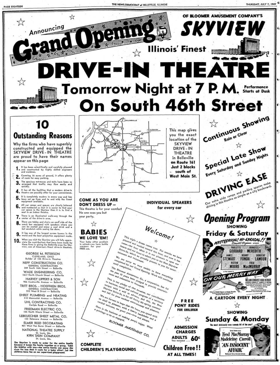A Skyview Drive-In grand opening display ad from the Belleville News-Democrat, Jauly 7, 1949. A framed enlarged copy of the ad hangs in Skyview’s concession stand.