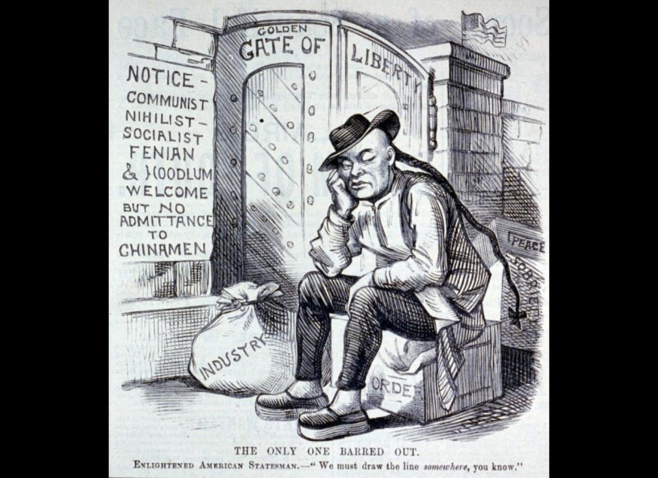 Signed by President Chester A. Arthur, the <a href="http://www.pbs.org/weta/thewest/resources/archives/seven/chinxact.htm " target="_hplink">Chinese Exclusion Act</a> was the first federal immigration law to prohibit immigration on the basis of race. The bill barred all Chinese laborers, skilled and unskilled, from immigrating to the U.S. for ten years. It was made permanent by 1903, and was not lifted until the 1943 Magnuson Act.     The 1898 Supreme Court <a href="http://ocp.hul.harvard.edu/immigration/exclusion.html " target="_hplink">decision</a> in <em>United States v. Wong Kim Ark</em> finally extended naturalization laws to persons of Chinese descent by ruling that anyone born in the United States was indeed a U.S. citizen.      This editorial cartoon from 1882 shows a Chinese man being excluded from entry to the "Golden Gate of Liberty." The sign next to the iron door reads, "Notice--Communist, Nihilist, Socialist, Fenian & Hoodlum welcome. But no admittance to Chinamen." At the bottom, the caption reads, "THE ONLY ONE BARRED OUT. Enlightened American Statesman--'We must draw the line <em>somewhere</em>, you know.'" (Image Source: Frank Leslie's illustrated newspaper, vol. 54 (1882 April 1), p. 96. [Public domain], via <a href="http://commons.wikimedia.org/wiki/File:The_only_one_barred_out_cph.3b48680.jpg" target="_hplink">Wikimedia Commons</a>).