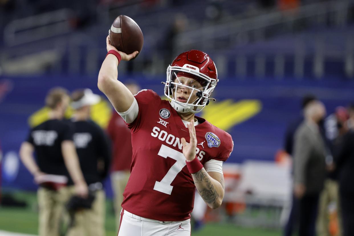 Oklahoma quarterback Spencer Rattler could be the first QB selected in 2022 if he performs more consistently. (AP Photo/Michael Ainsworth)