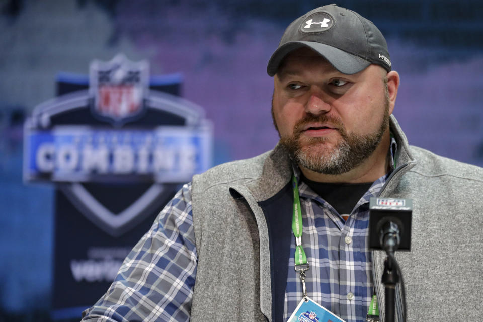 FILE - New York Jets general manager Joe Douglas speaks during a press conference at the NFL football scouting combine in Indianapolis, in this Tuesday, Feb. 25, 2020, file photo. The New York Jets head into the NFL draft needing a quarterback and they hope to find the face of the franchise who can develop into a star and lead them to sustained success. General manager Joe Douglas knows the spotlight will be on him and whomever he selects since it will likely be a career-defining choice for him and franchise-shaping decision for the Jets. (AP Photo/Michael Conroy, File)