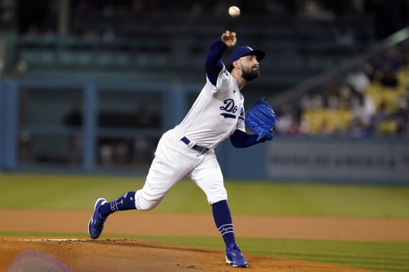 Los Angeles Dodgers starting pitcher Tony Gonsolin throws to an Arizona Diamondbacks.