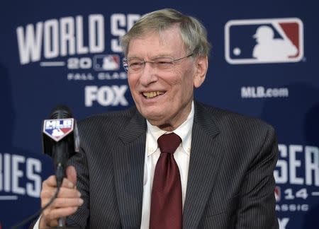 Oct 22, 2014; Kansas City, MO, USA; MLB commissioner Bud Selig speaks at a press conference before game two of the 2014 World Series between the Kansas City Royals and the San Francisco Giants at Kauffman Stadium. Mandatory Credit: Christopher Hanewinckel-USA TODAY Sports