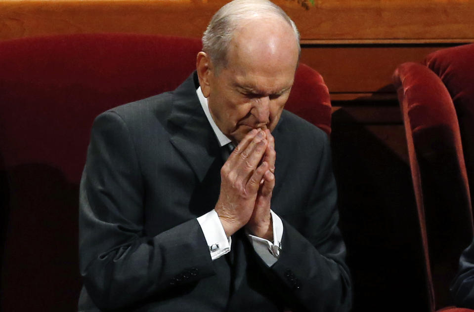 FILE - In this Oct. 6, 2018, file photo, The Church of Jesus Christ of Latter-day Saints President Russell M. Nelson prays during the church's twice-annual, in Salt Lake City. The Church of Jesus Christ of Latter-day Saints will celebrate president Nelson's 95th birthday with a gala in Salt Lake City. A church news release says the event will focus on Nelson's lifelong service to the Utah-based faith. (AP Photo/Rick Bowmer, File)