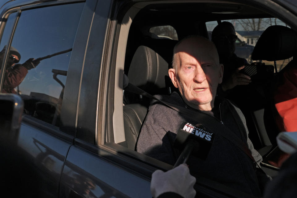 Chester Weger takes questions from the media after being released from the Pickneyville Correctional Center, Friday Feb. 21, 2020, in Pickneyville, Ill. Weger was released from an Illinois prison nearly six decades after he was sentenced to life for the killing of one of three suburban Chicago women whose brutalized bodies were found in a state park. Weger was granted parole in November on his 24th try (Isaac Smith/Chicago Tribune via AP)