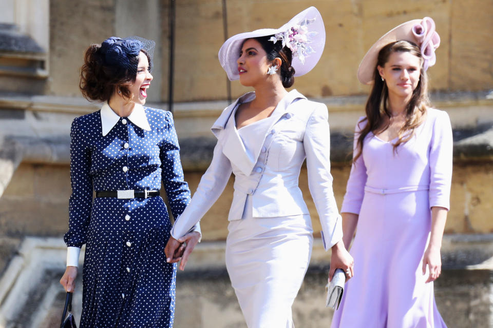 US actress Abigail Spencer and Bollywood actress Priyanka Chopra arrive for the wedding ceremony of Britain's Prince Harry, Duke of Sussex and US actress Meghan Markle at St George's Chapel, Windsor Castle, in Windsor, on May 19, 2018. (Photo by Chris Jackson / POOL / AFP)        (Photo credit should read CHRIS JACKSON/AFP/Getty Images)