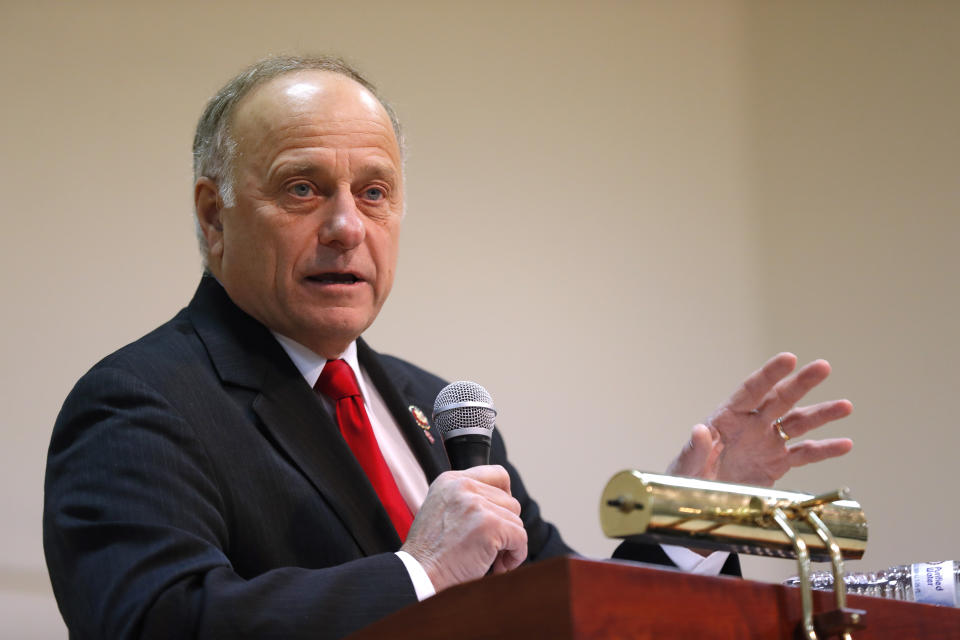 FILE - In this Jan. 26, 2019, file photo, U.S. Rep. Steve King, R-Iowa, speaks during a town hall meeting in Primghar, Iowa. King is defending his call for a ban on all abortions by questioning whether "there would be any population of the world left" if not for births due to rape and incest. Speaking Wednesday, Aug. 14, 2019, before a conservative group in the Des Moines suburb of Urbandale, the Iowa congressman reviewed legislation he has sought that would outlaw abortions without exceptions for rape and incest. (AP Photo/Charlie Neibergall, File)