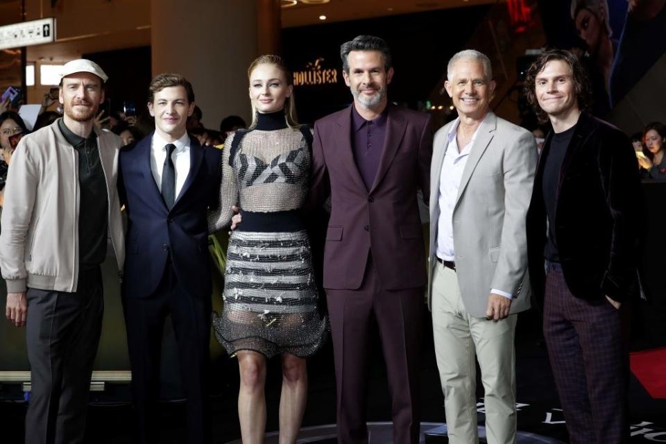 (L-R) Michael Fassbender, Tye Sheridan, Sophie Turner, director Simon Kinberg, producer Hutch Parker and Evan Peters attend the South Korean premiere of "X-Men: Dark Phoenix"