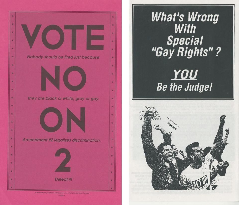 L: A pink poster with black lettering that reads: "Vote No on 2. Nobody should be fired just because they are black or white, gray or gay. Amendment #2 legalizes discrimination. Defeat it!”; R:A black and white pamphlet cover with an image of protesters that reads: "What's wrong with Special 'Gay Rights'? You be the judge!"