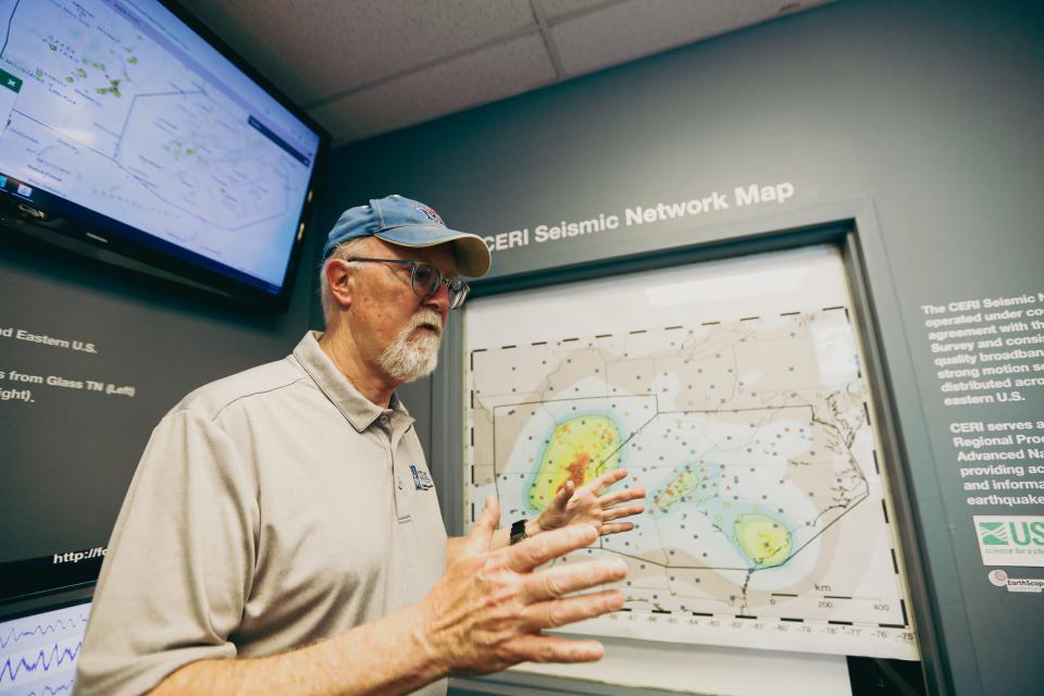 Dr. Kent Moran, with the University of Memphis’ Center for Earthquake Research and Information, explains the CERI Seismic Network Map during a tour on Thursday, May 02 2024 at 3890 Central Avenue in Memphis, Tenn.
