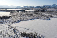 FILE - In this March 10, 2020 file photo, Linwood Fiedler mushes across Submarine Lake near Nikolai, Alaska, Tuesday, March 10, 2020, during the Iditarod Trail Sled Dog Race. The world's most famous sled dog race will go forward in 2021, and officials are preparing for every potential contingency now for what the coronavirus and the world might look like in March when the Iditarod starts. It's not the mushers that worry Iditarod CEO Rob Urbach; they're used to social distancing along the 1,000 mile trail. The headaches start with what to do with hundreds of volunteers needed to run the race, some scattered in villages along the trail between Anchorage and Nome, to protect them and the village populations. (Loren Holmes/Anchorage Daily News via AP, File)