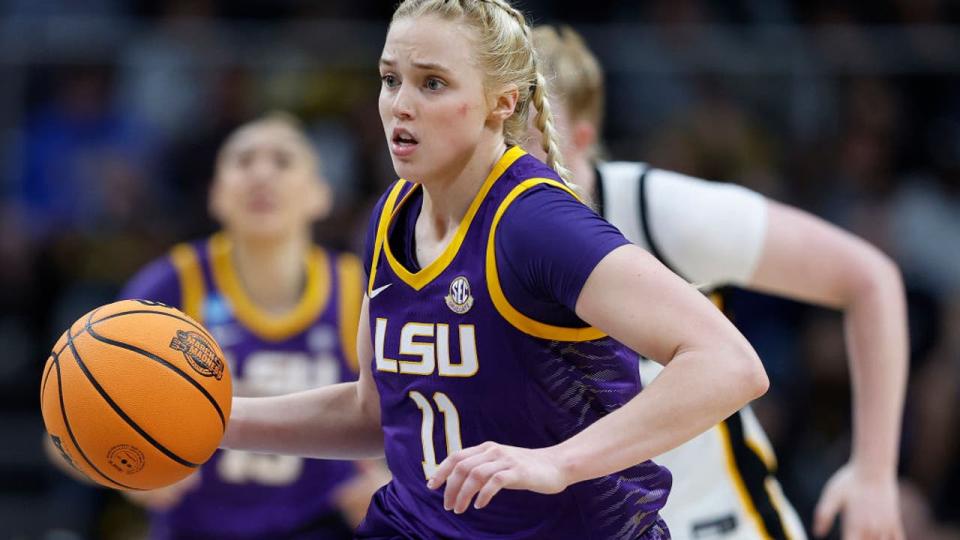 <div>ALBANY, NEW YORK - APRIL 01: Hailey Van Lith #11 of the LSU Tigers takes the ball out during the second half against the Iowa Hawkeyes in the Elite 8 round of the NCAA Womens Basketball Tournament at MVP Arena on April 01, 2024 in Albany, New York. (Photo by Sarah Stier/Getty Images)</div>