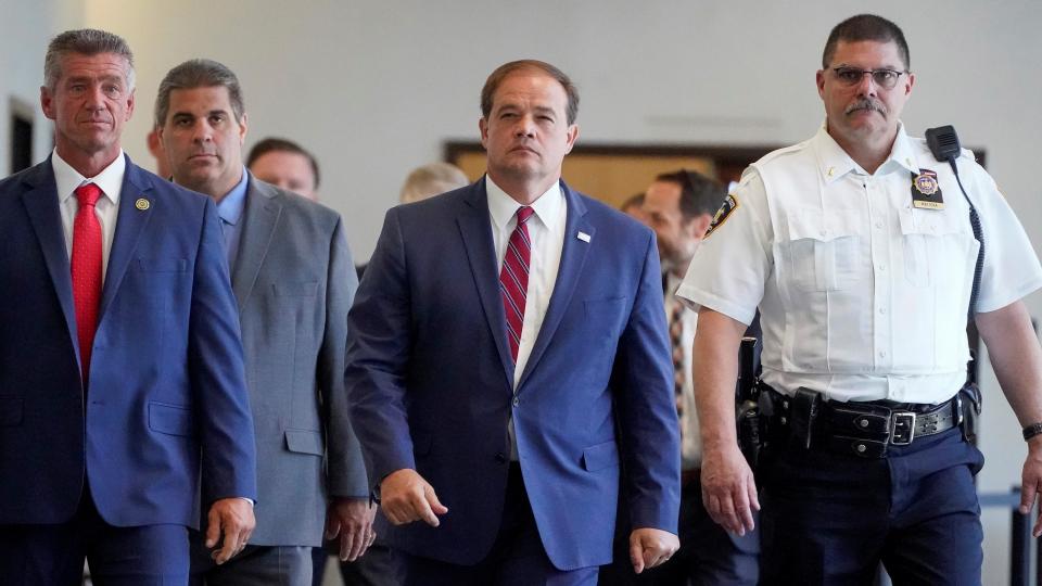 Suffolk County District Attorney Ray Tierney exits after a court appearance by Rex Heuermann, Tuesday, Aug. 1, 2023, in Riverhead, N.Y. / Credit: AP/John Minchillo