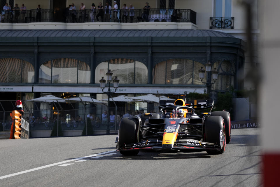Red Bull driver Max Verstappen of the Netherlands steers his car during the Formula One second practice session at the Monaco racetrack, in Monaco, Friday, May 26, 2023. The Formula One race will be held on Sunday. (AP Photo/Luca Bruno)