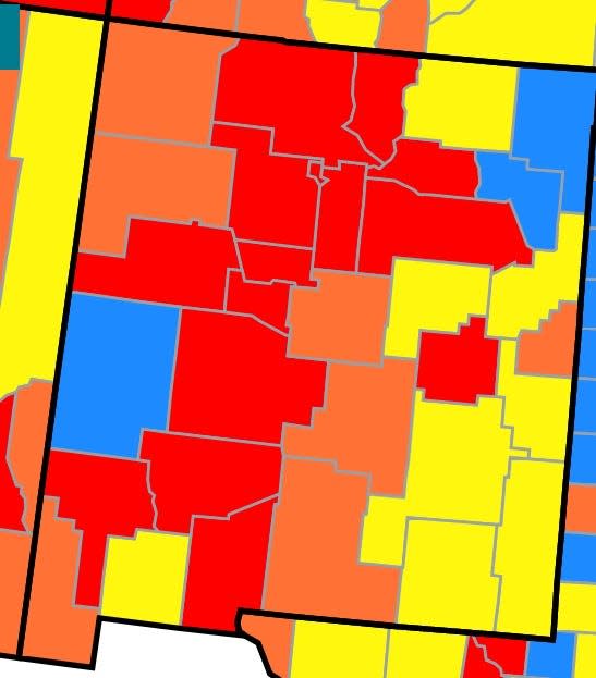 A heat map of COVID-19 community transmission in New Mexico shows 21 of the state's 33 counties at substantial or high levels of infection based on CDC data as of May 18, 2022.