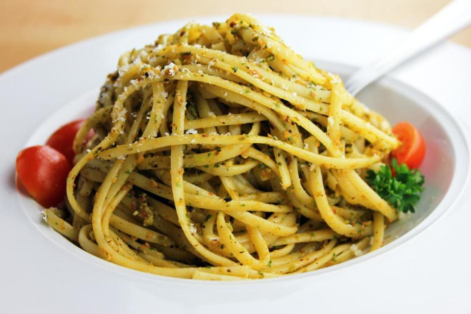 <p>Although jarred pesto is available on <a href="https://www.thedailymeal.com/cook/best-grocery-store-every-state-gallery?referrer=yahoo&category=beauty_food&include_utm=1&utm_medium=referral&utm_source=yahoo&utm_campaign=feed" rel="nofollow noopener" target="_blank" data-ylk="slk:grocery store shelves;elm:context_link;itc:0;sec:content-canvas" class="link ">grocery store shelves</a> nationwide, nothing beats the homemade stuff. The sauce has been around since Ancient Rome. In this rendition, a paste of garlic, salt, almonds, pecorino cheese and herbs is formed to make pesto alla Trapanese.</p> <p><a href="https://www.thedailymeal.com/recipes/pesto-alla-trapanese?referrer=yahoo&category=beauty_food&include_utm=1&utm_medium=referral&utm_source=yahoo&utm_campaign=feed" rel="nofollow noopener" target="_blank" data-ylk="slk:For the Pesto Alla Trapanese recipe, click here.;elm:context_link;itc:0;sec:content-canvas" class="link ">For the Pesto Alla Trapanese recipe, click here.</a></p>