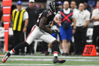 Atlanta Falcons wide receiver Mohamed Sanu (12) runs against the Tennessee Titans during the second half of an NFL football game, Sunday, Sept. 29, 2019, in Atlanta. (AP Photo/John Amis)