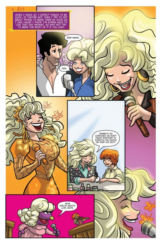 An image shows a page from a TidalWave Comics' comic book based on life of singer Dolly Parton, with planned release date March 31, 2021