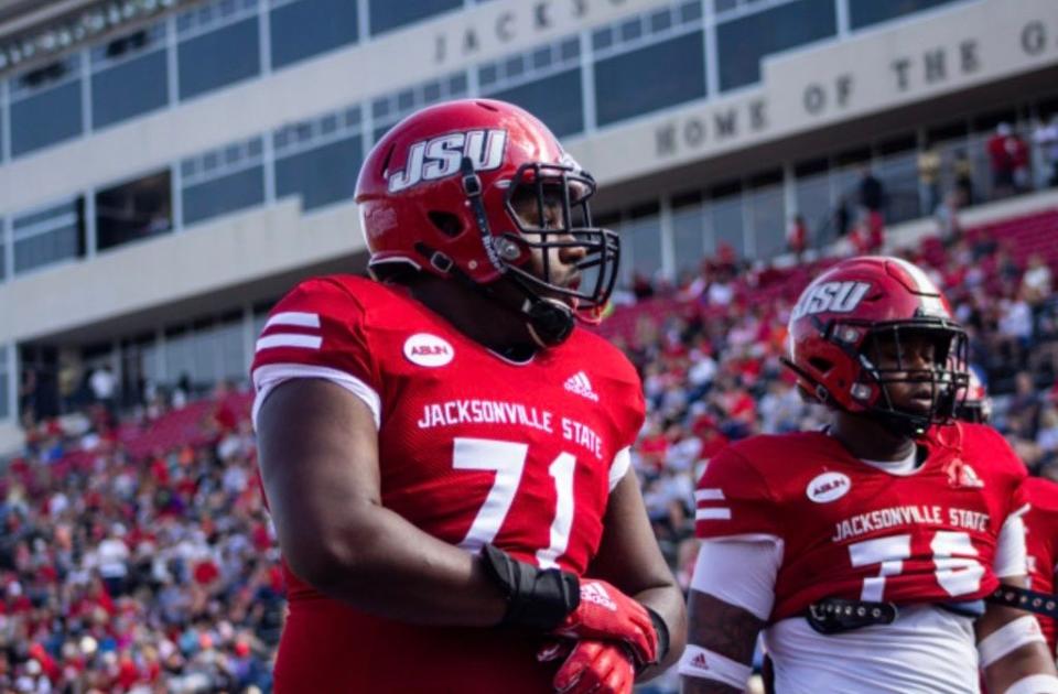 Jacksonville State offensive lineman Ashton Grable (71) warms up for a game against Stephen F. Austin at JSU Stadium, Jacksonville, Alabama, Saturday, Oct. 9, 2021