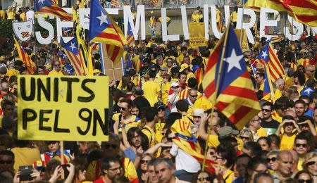 Catalan pro-independence demonstrators gather at Catalunya square during a rally in Barcelona October 19, 2014. REUTERS/Albert Gea