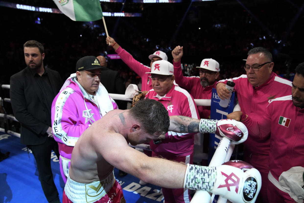 Canelo Álvarez previo a su pelea con Dmitry Bivol. (AP Photo/John Locher)