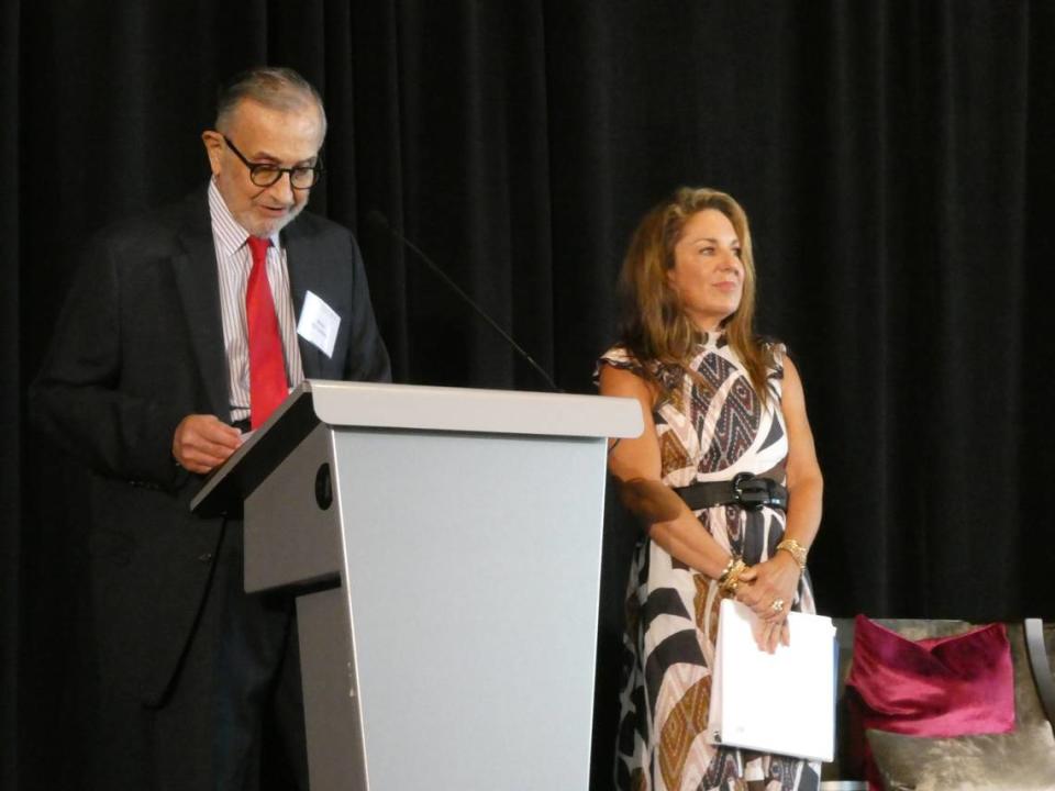 Max Rothman, the president and CEO of Alliance for Aging, introduces Michelle Branham, secretary for the Florida Department of Elder Affairs, during the annual “The New Face for Aging” conference on Oct. 26, 2023 in Coral Gables.