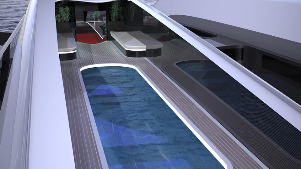 The futuristic superyacht still is equipped with a swimming pool, of course. - Credit: Lazzarini Design