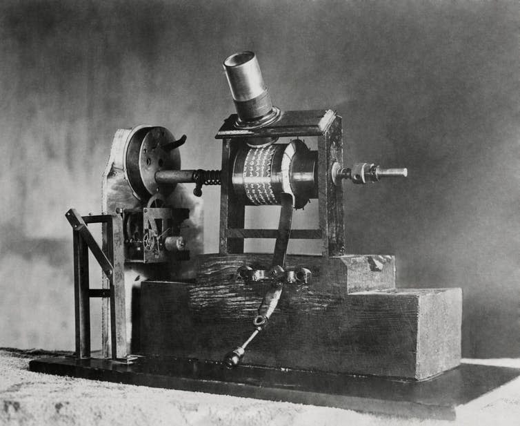 <span class="caption">The kinetoscope – one of Edison’s first ever movie machines.</span> <span class="attribution"><a class="link " href="https://www.shutterstock.com/image-photo/edisons-first-movie-machine-kinetoscope-talkie-339962612?src=ibWEvLpt3jA4OOyonklt3w-1-2" rel="nofollow noopener" target="_blank" data-ylk="slk:shutterstock;elm:context_link;itc:0;sec:content-canvas">shutterstock</a></span>
