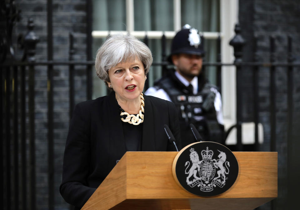 <p>Britain’s Prime Minister Theresa May speaks outside 10 Downing Street in London, June 4, 2017. (Photo: Kevin Coombs/Reuters) </p>