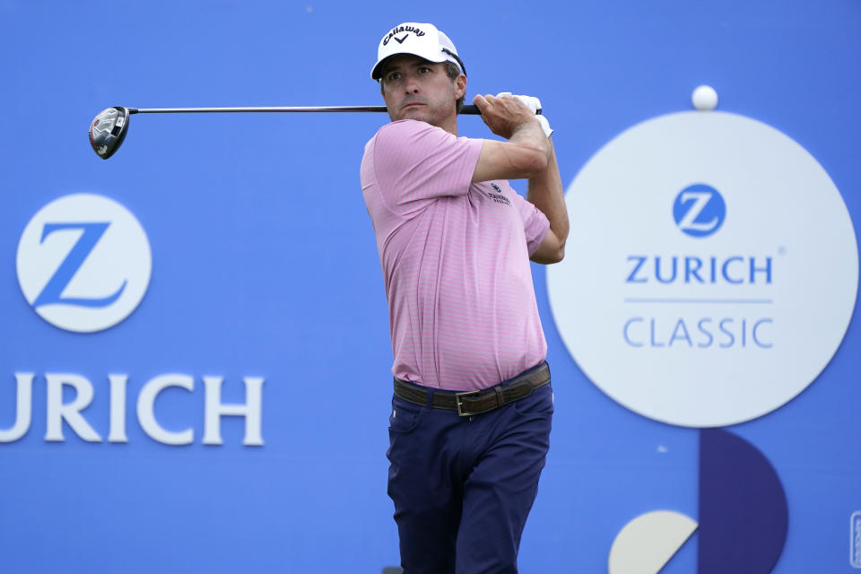 Kevin Kisner hits off the 18th tee during the third round of the PGA Zurich Classic golf tournament, Saturday, April 23, 2022, at TPC Louisiana in Avondale, La. (AP Photo/Gerald Herbert)