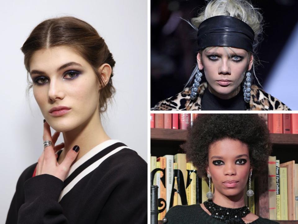 If you love drama, the dark-rimmed eye look is for you. At Alice and Olivia, designer Stacy Bendet's designs were paired with heavily rimmed and glittered eyes, while at Carolina Herrera the look was more smoky.&nbsp;<br /><br /><i>(Clockwise from left: Carolina Herrera, Tom Ford, Alice and Olivia)</i>