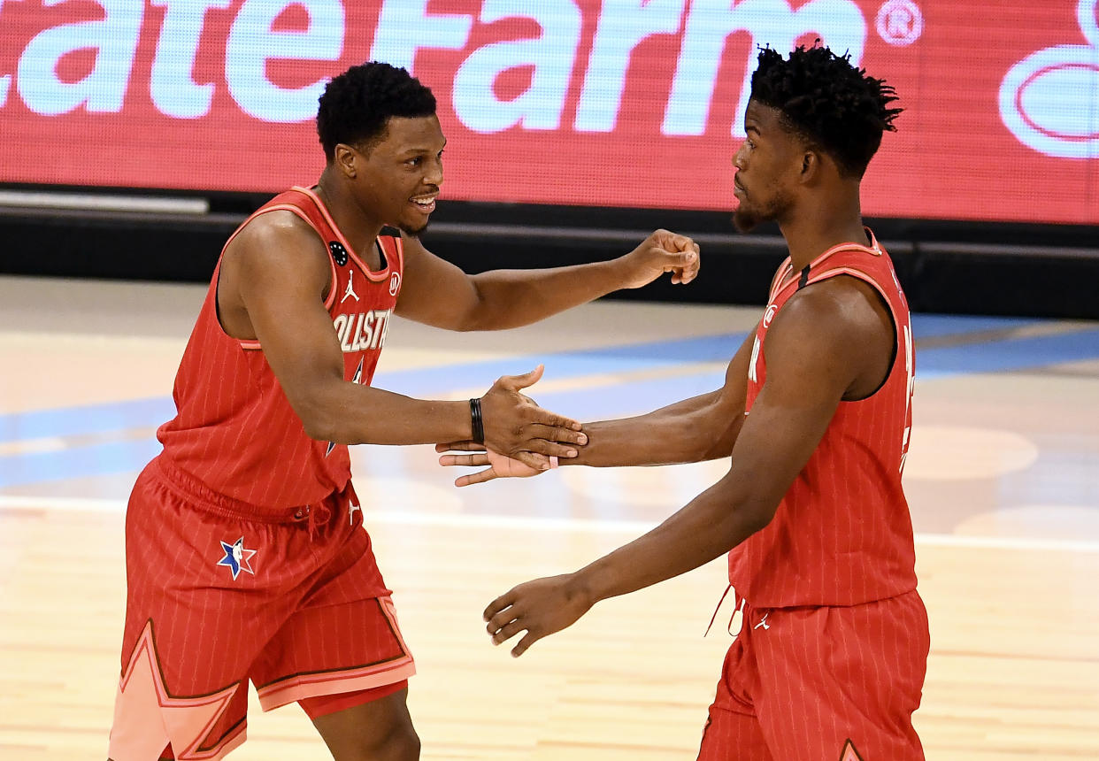 Kyle Lowry and Jimmy Butler last were teammates at the 2020 NBA All-Star Game. (Stacy Revere/Getty Images)