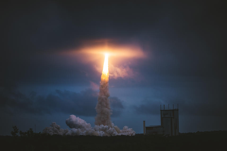 KOUROU, FRENCH GUIANA - DECEMBER 25: Ariane 5 lifts off and deploys the James Webb Space Telescope on December 25, 2021 in Kourou, French Guiana. (Photo by Andrew Richard Hara/Getty Images)