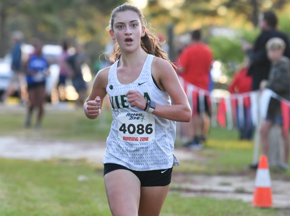 Addison Elwell of Viera wins the varsity girls race at the Cape Coast Conference cross country meet Thursday, October 19, 2023. Craig Bailey/FLORIDA TODAY via USA TODAY NETWORK