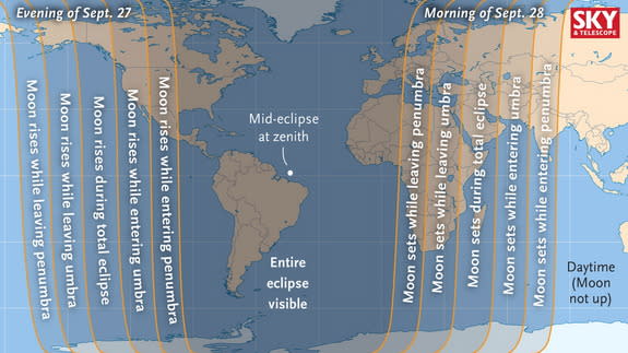 This map shows the areas of the world from which viewers can see the total lunar eclipse. The Americas will have a particularly good view, especially the eastern parts.