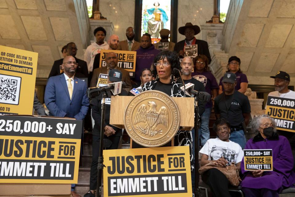 Deborah Watts, cousin of slain civil rights figure Emmett Till, speaks during a press conference inside the rotunda of the Mississippi State Capitol. The family is asking for the prosecution of Carolyn Bryant Donham for her alleged association with Till's murder in August of 1955. Friday, March 11, 2022 in Jackson, MS.