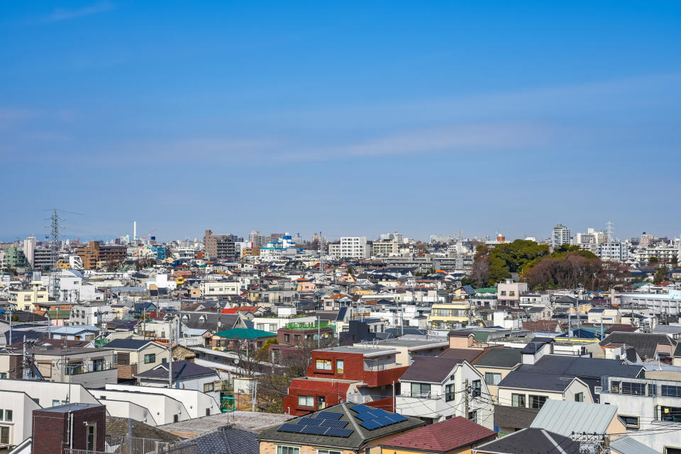 skyline of the setagaya neighborhood with many homes, close together