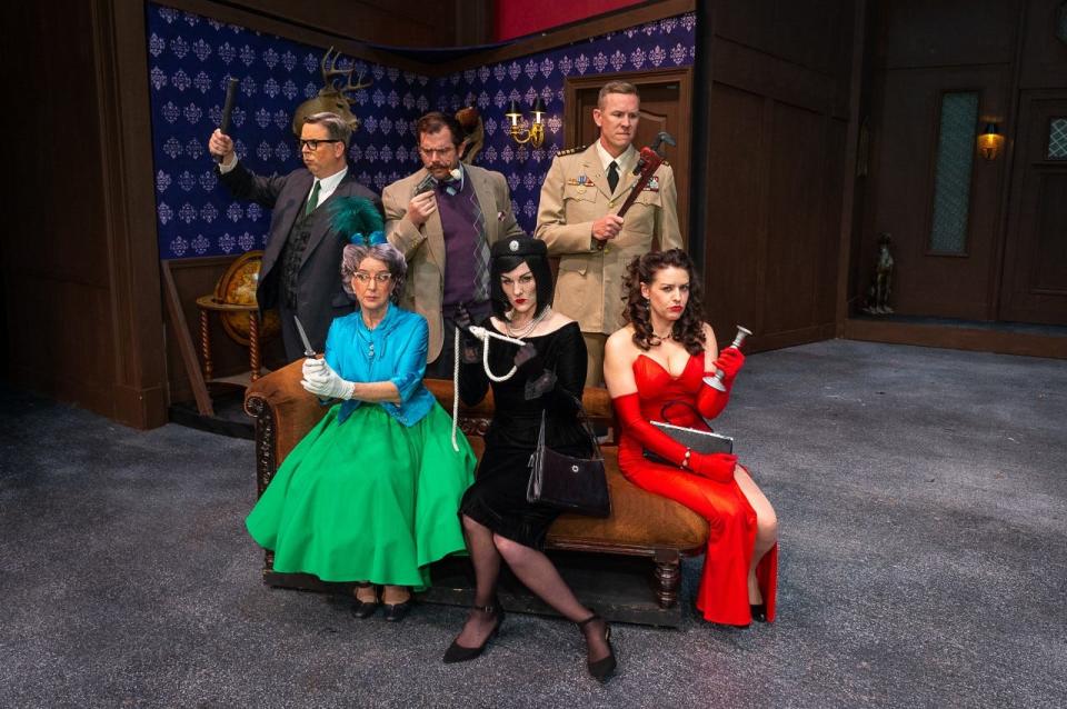 Justin Loe, Jackie Llewellyn, Rob Attaway, Lynae Jacob, Nels Bjork and Kristen Loyd cast in "Clue" presented by Amarillo Little Theatre.
