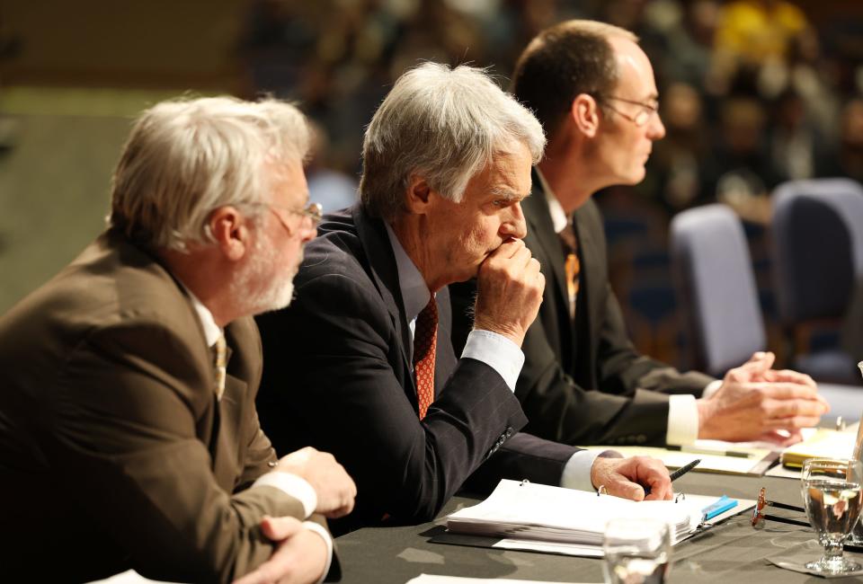 Jon Arneson, an attorney for the Argus Leader, listens to testimony during a Supreme Court hearing involving the Sioux Falls-based newspaper and billionaire T. Denny Sanford in Brookings on March 23.